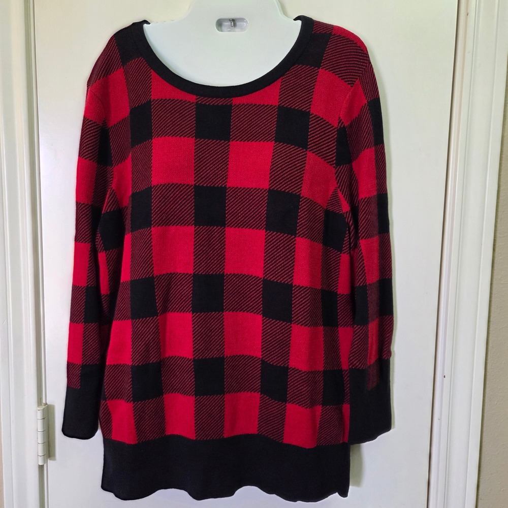 Lands' End Red Black Buffalo Plaid Supima Cotton Scoop Neck Sweater Large 14-16